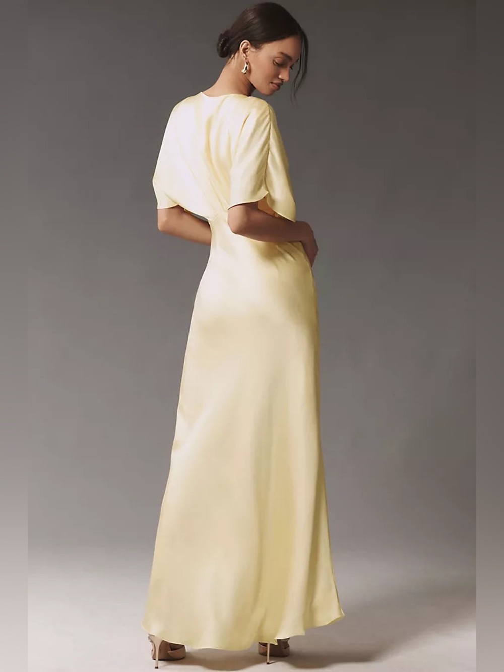 BHLDN Amelia Deep-V Flutter-Sleeve Satin A-Line Gown in Butter Yellow - Picture 2 of 5